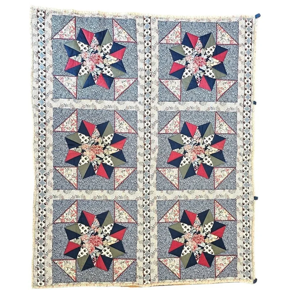 Vintage 90s Hand Stitched Star Quilt Tapestry Wall‎ Hanging Blue Roses Red 44x52